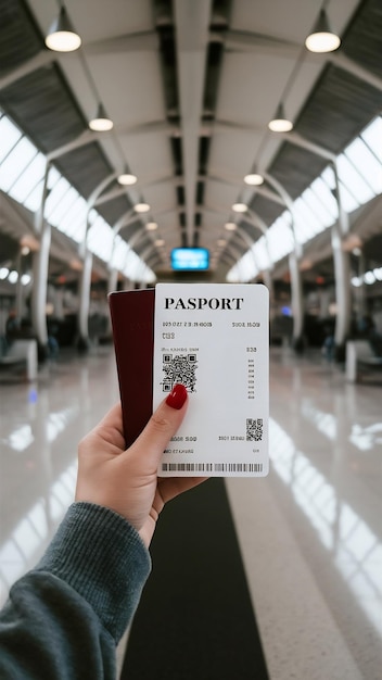 Person holding boarding pass and passport in airport terminal