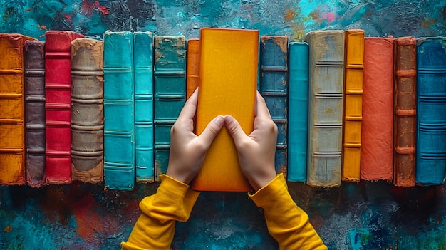 Photo a person holding a book in front of a row of books