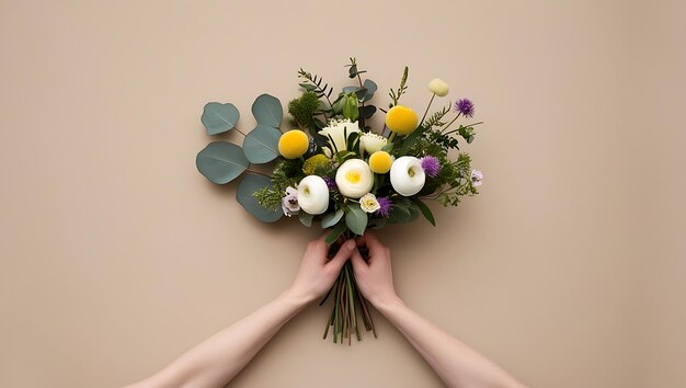 Photo a person holding a bouquet of flowers with a background of flowers