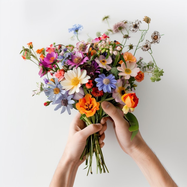 a person holding a bouquet of flowers with a white background