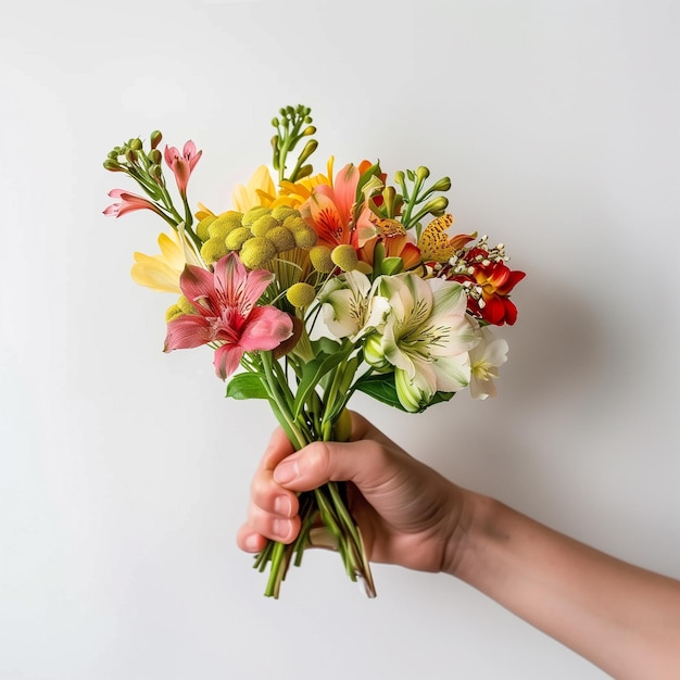 a person holding a bouquet of flowers with a white background