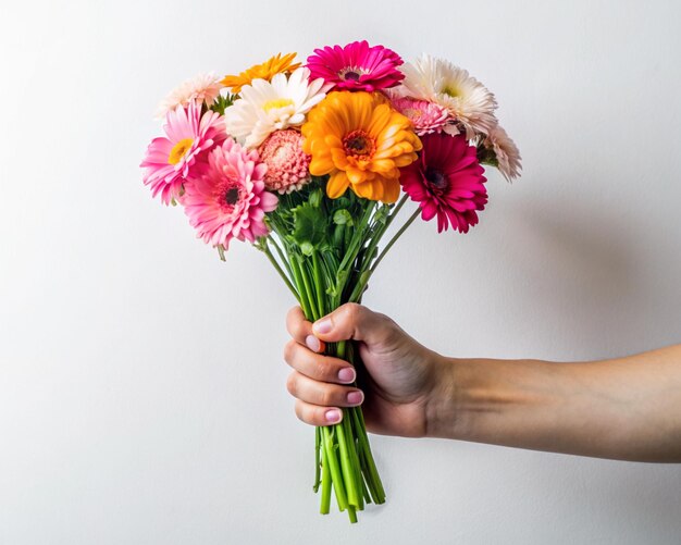 Photo a person holding a bouquet of flowers with a white background