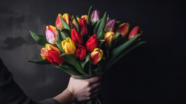 A person holding a bouquet of tulips.