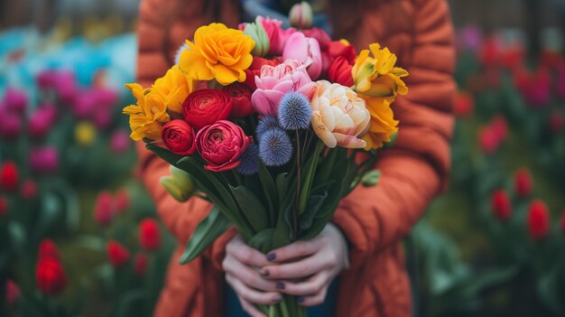 Person holding a bouquet of vivid spring flowers