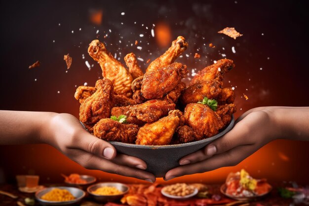 Person holding a bowl full of crispy fried chicken Generative AI