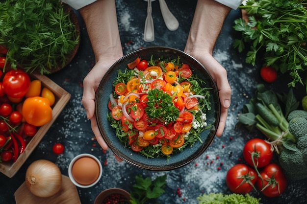 Photo a person holding a bowl of salad with tomatoes and greens