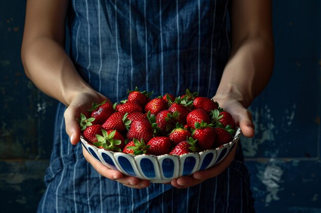 Photo a person holding a bowl of strawberries