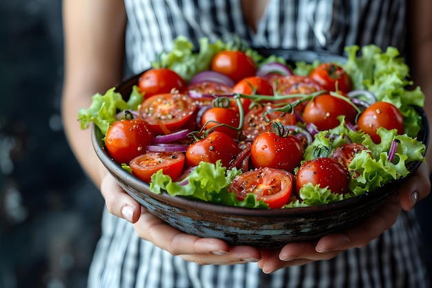 Person Holding Bowl of Tomatoes and Lettuce