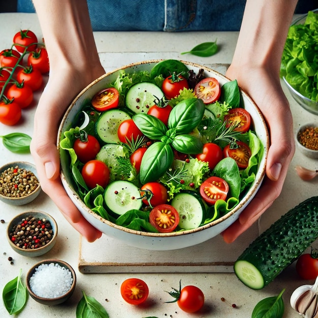 a person holding a bowl of vegetables with a bowl of tomatoes and cucumber