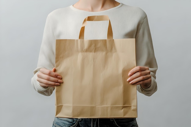 Person holding a brown paper shopping bag in front of body