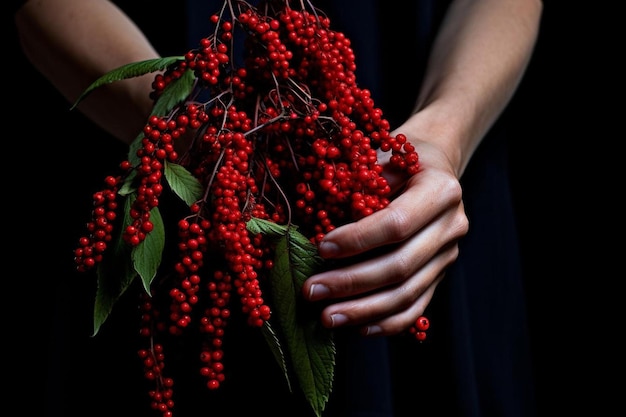 a person holding a bunch of berries with a black background.