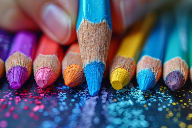 Photo person holding bunch of colored pencils