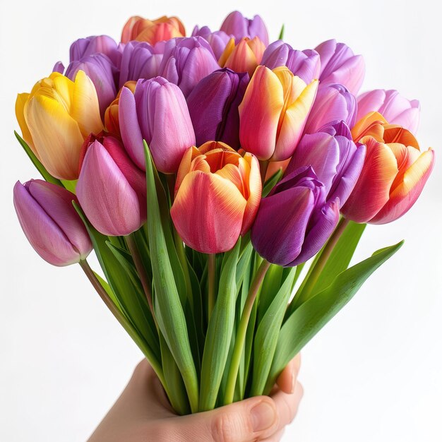 Photo a person holding a bunch of colorful tulips