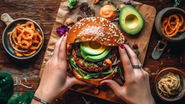 A person holding a burger with avocado on it.