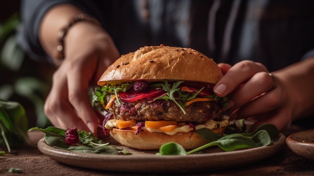 A person holding a burger with vegetables on it