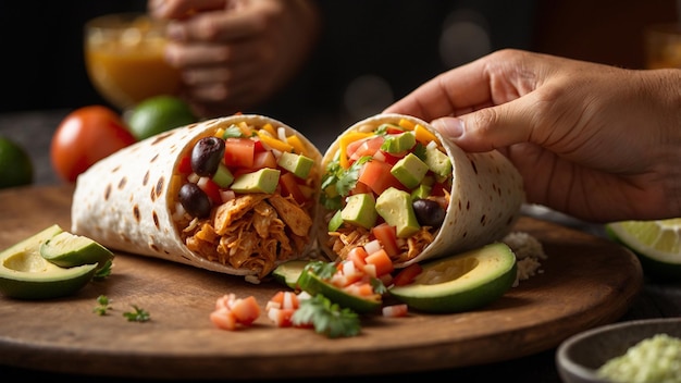 a person holding a burrito with avocado and avocado on the table