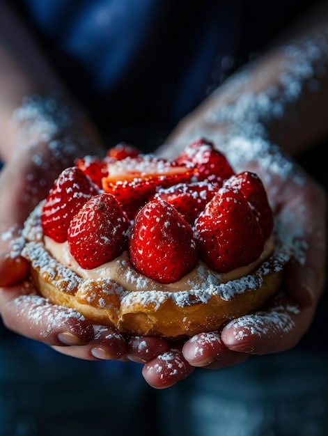 a person holding a cake with powdered sugar on it