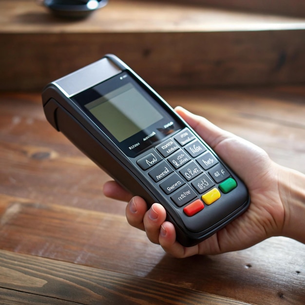 a person holding a calculator with a colorful display screen