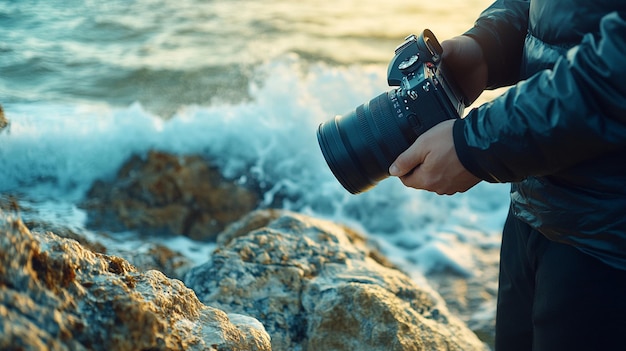 Photo a person holding a camera and taking a photo of the ocean