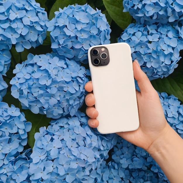 a person holding a camera in their hand with a blue flower in the background