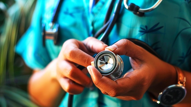 a person holding a camera with a blue shirt that says quot medical quot on it