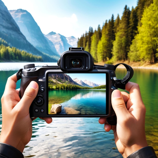 Photo a person holding a camera with the camera showing the reflection of a mountain lake