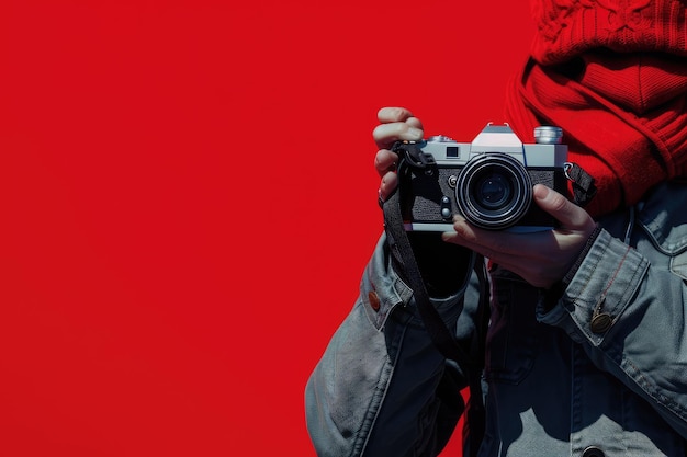 Photo a person holding a camera with a red background