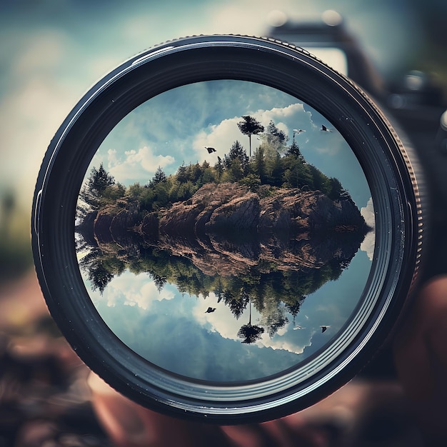 a person holding a camera with the reflection of trees in it