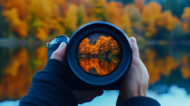 Photo a person holding a camera with the reflection of trees in the lens