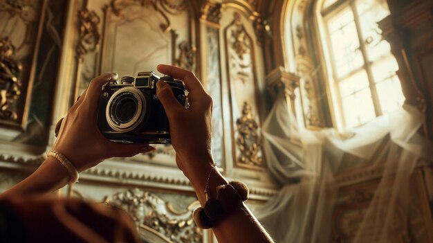 Photo a person holding a camera with the sun shining through the window