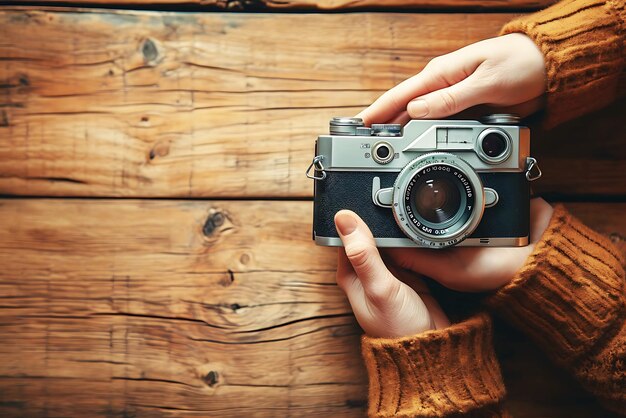 a person holding a camera with a wooden background