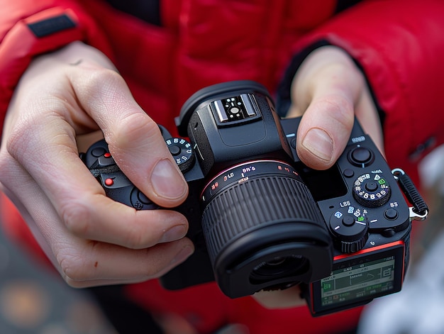 Photo a person holding a camera with the word canon on it