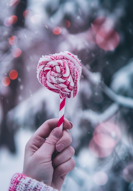 a person holding a candy cane with a candy cane in their hand