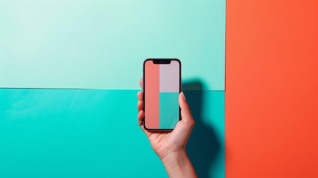 A person holding a cell phone in front of a colorful wall