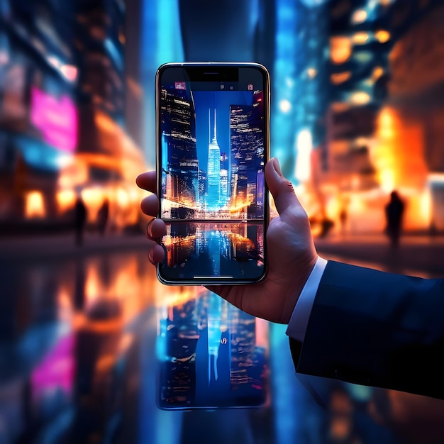 a person holding a cell phone with the city skyline in the background