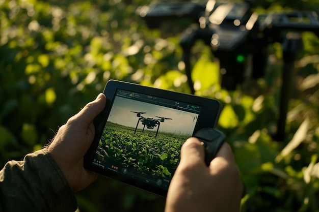 Photo a person holding a cell phone with a picture of a drone on it