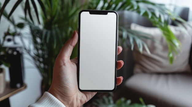 Photo person holding cell phone with white display