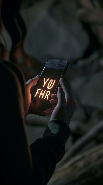 A person holding a cell phone with the words