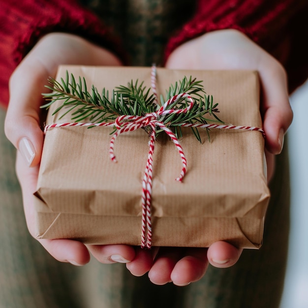 a person holding a christmas tree wrapped in a brown paper bag