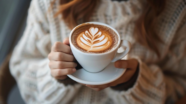 A person holding a cup of coffee with a latte art design