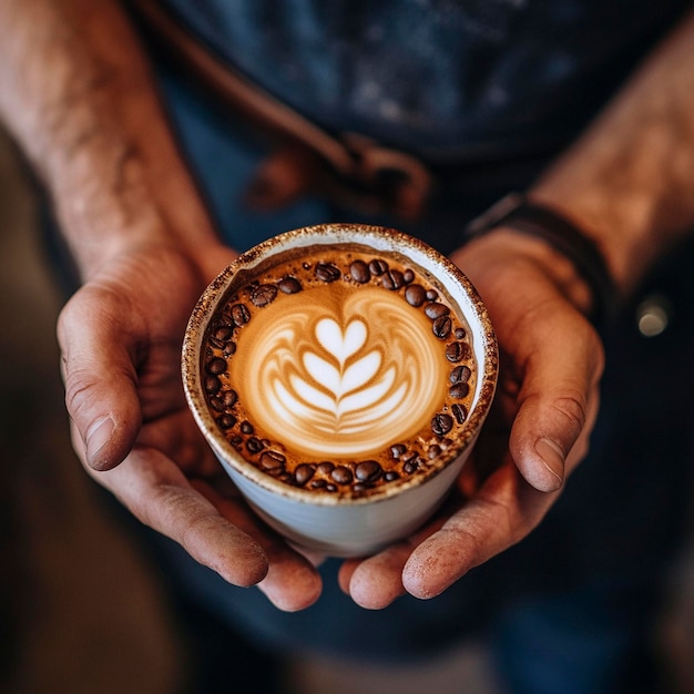 a person holding a cup of latte art with a heart on it