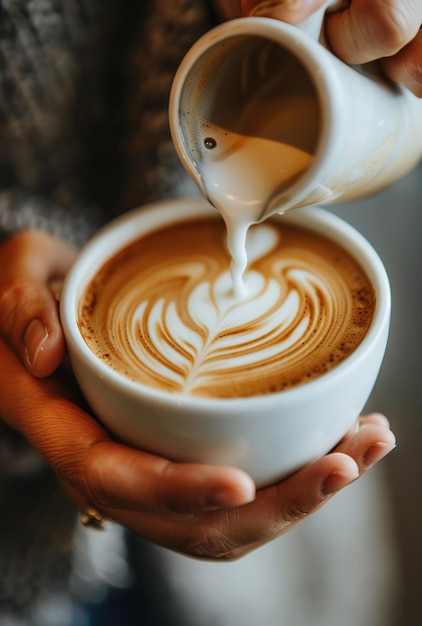 a person holding a cup of latte art with a spoon being held up to their face