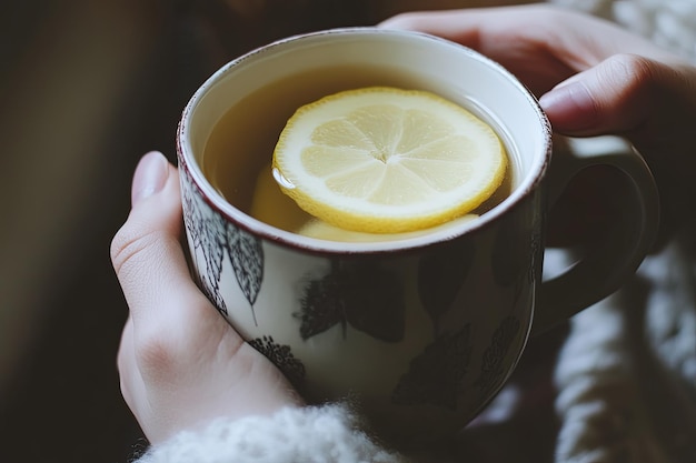 A person holding a cup of tea with a lemon slice in it