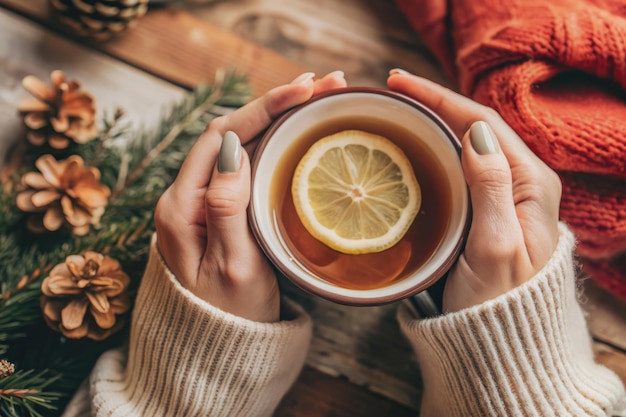 Photo a person holding a cup of tea with a slice of lemon in it