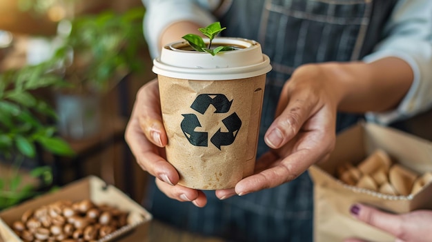 Photo a person holding a cup with a plant in it