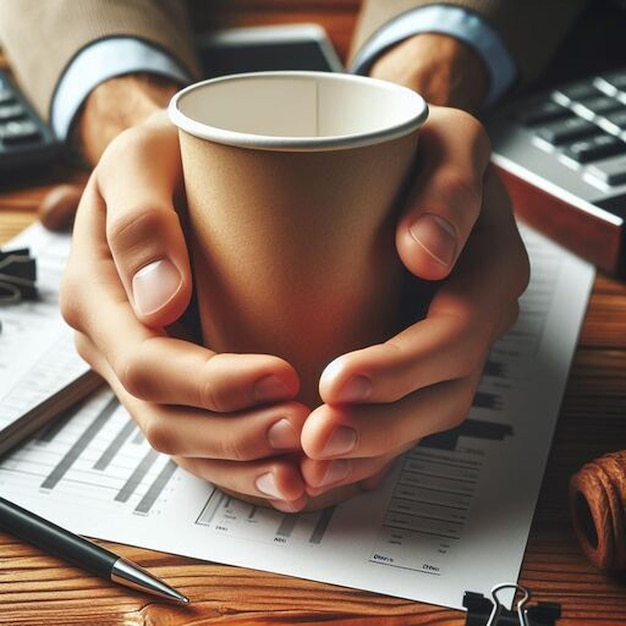 a person holding a cup with the word on it on a piece of paper