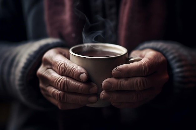 a person holding a cup with the words hot coffee on it