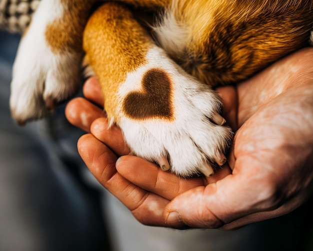 a person holding a dog with a heart on its paw