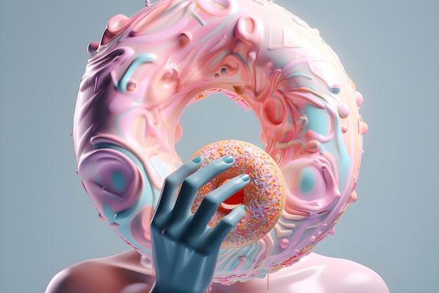 A person holding a donut in front of a pink background.