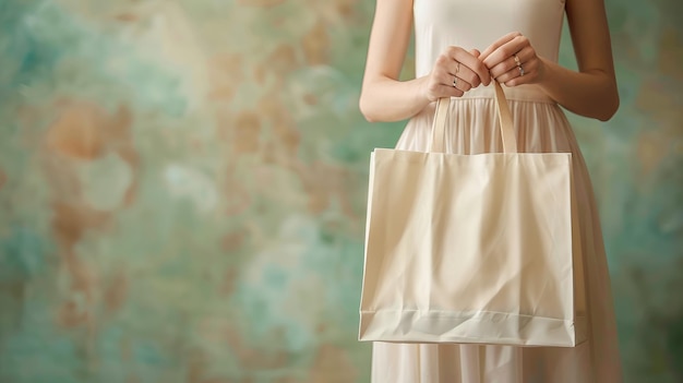 A person holding an empty shopping bag on a softly blurred multicolored background ideal for advertising or branding Generative AI